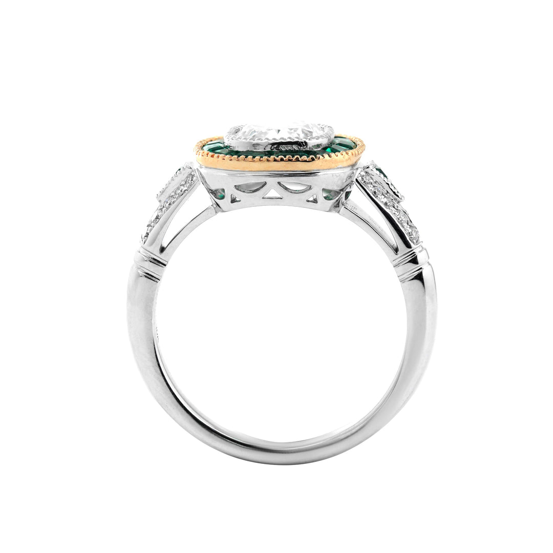 Cushion-Cut Lab Diamond Bezel Ring with Emerald Halo - FIORESE JEWELRY