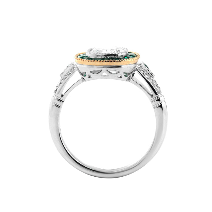 Cushion-Cut Lab Diamond Bezel Ring with Emerald Halo - FIORESE JEWELRY