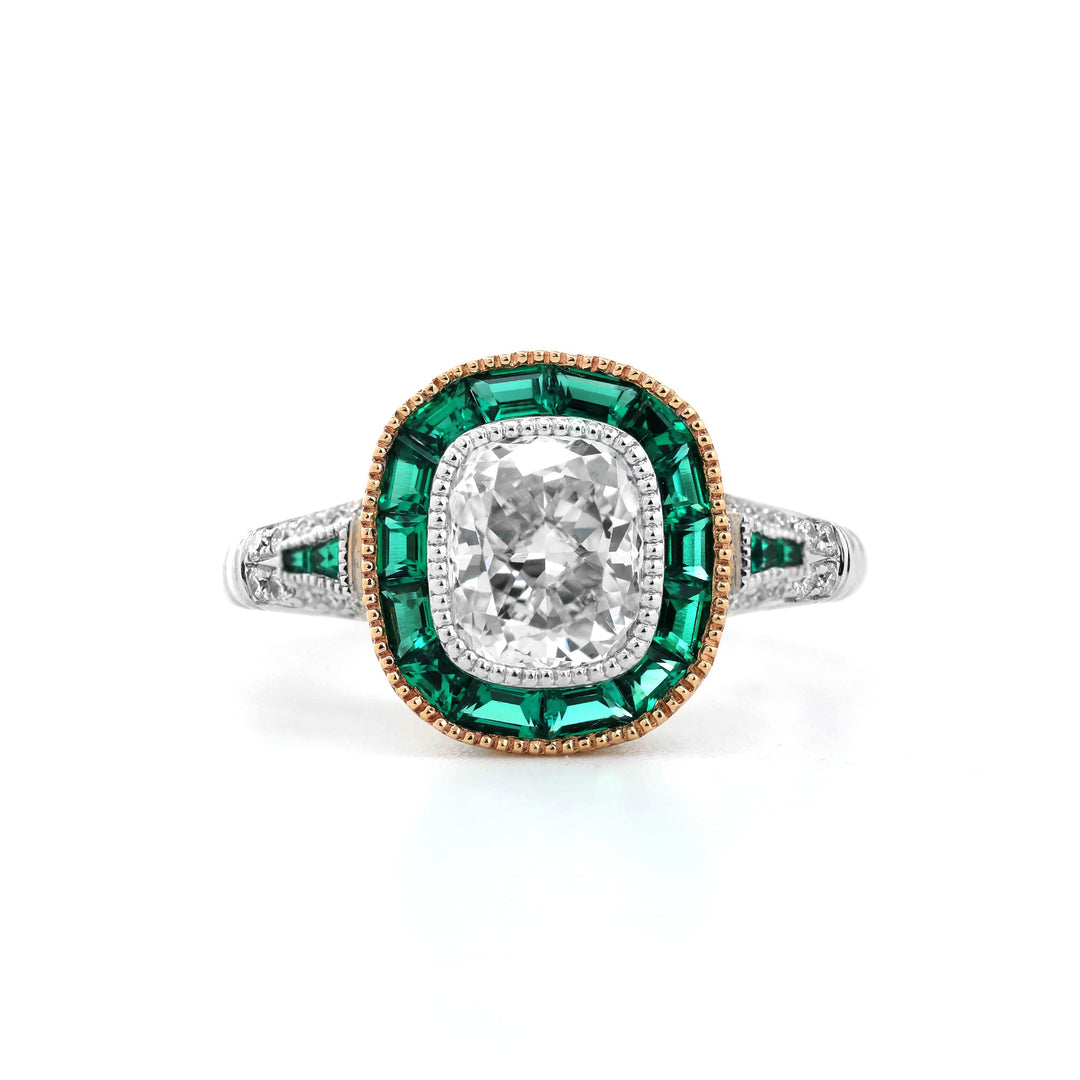 Cushion-Cut Lab Diamond Bezel Ring with Emerald Halo - FIORESE JEWELRY