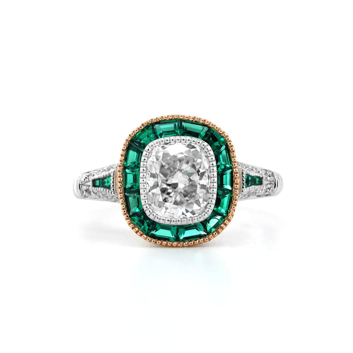 Cushion-Cut Lab Diamond Bezel Ring with Emerald Halo - FIORESE JEWELRY
