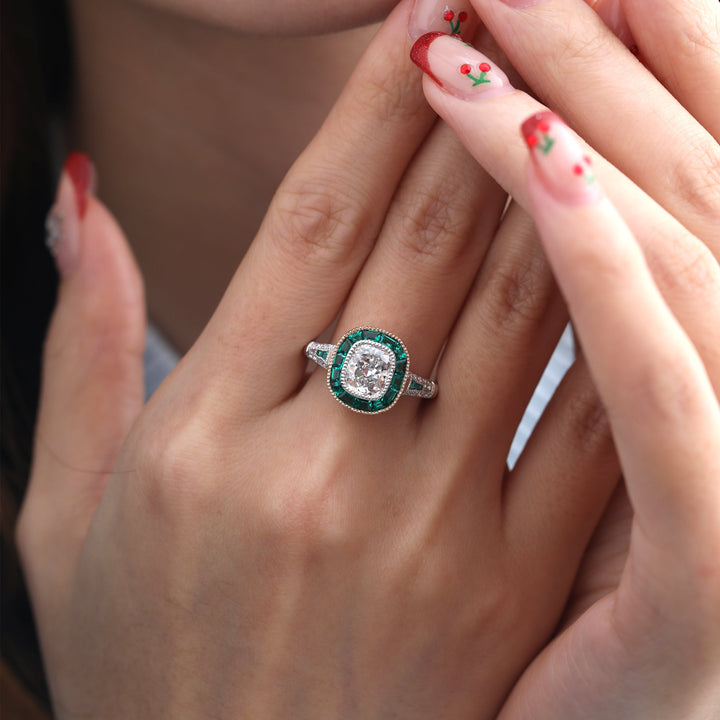 Cushion-Cut Lab Diamond Bezel Ring with Emerald Halo - FIORESE JEWELRY
