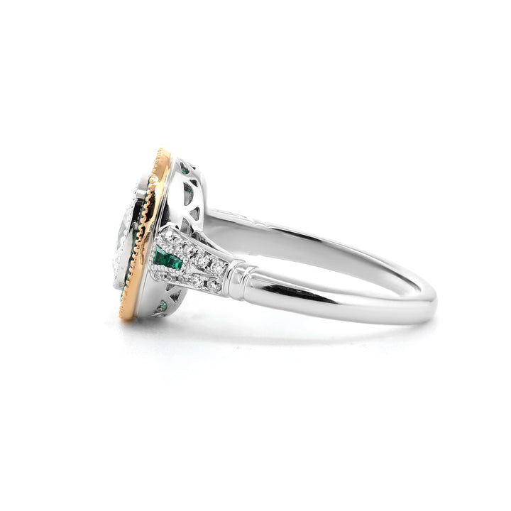 Cushion-Cut Lab Diamond Bezel Ring with Emerald Halo - FIORESE JEWELRY