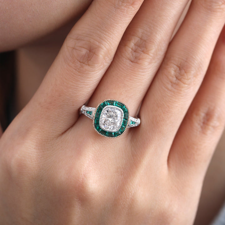 Cushion-Cut Lab Diamond Bezel Ring with Emerald Halo - FIORESE JEWELRY
