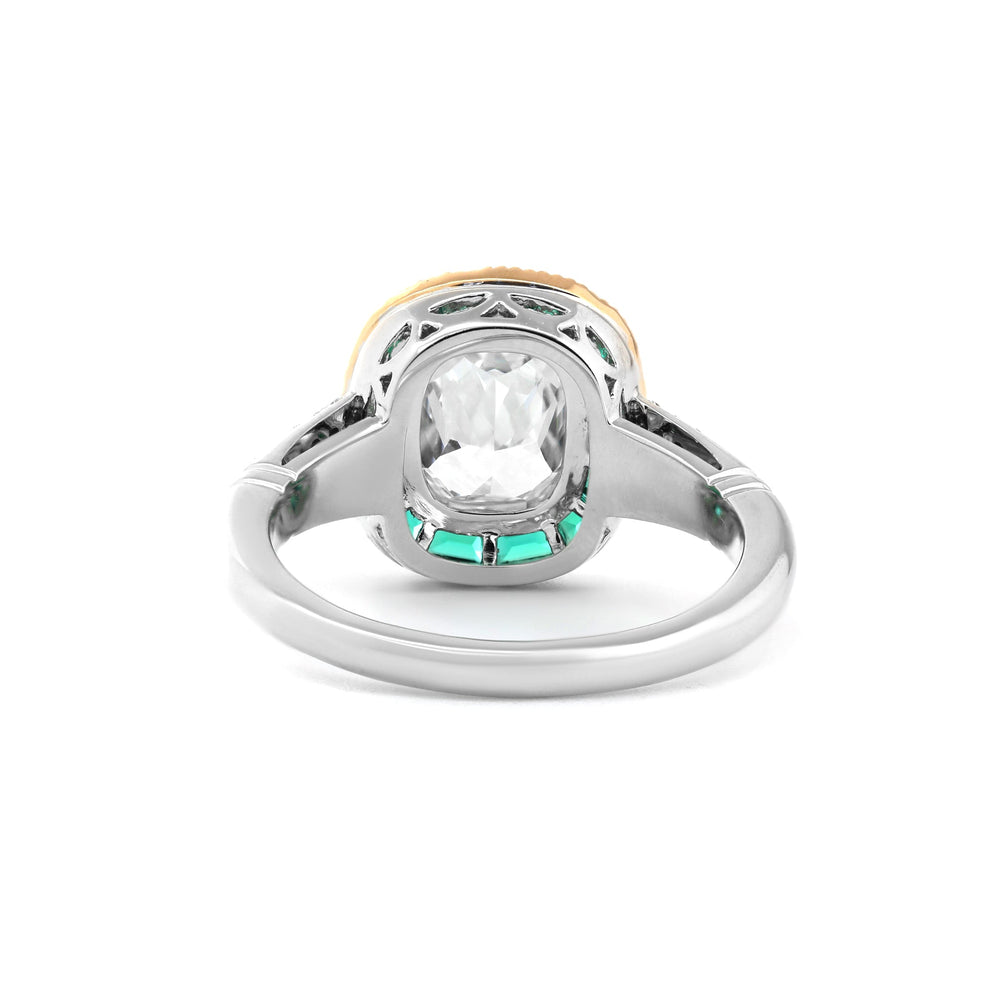 Cushion-Cut Lab Diamond Bezel Ring with Emerald Halo - FIORESE JEWELRY