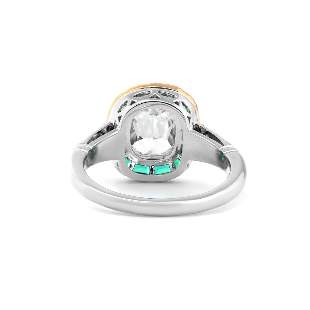 Cushion-Cut Lab Diamond Bezel Ring with Emerald Halo - FIORESE JEWELRY