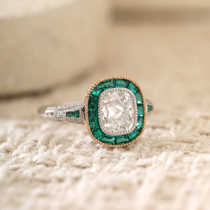 Cushion-Cut Lab Diamond Bezel Ring with Emerald Halo - FIORESE JEWELRY