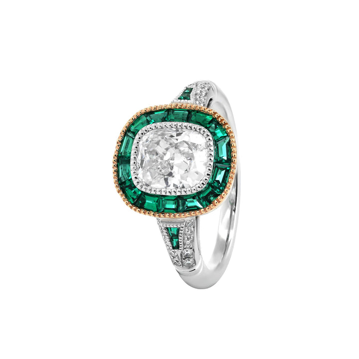 Cushion-Cut Lab Diamond Bezel Ring with Emerald Halo - FIORESE JEWELRY