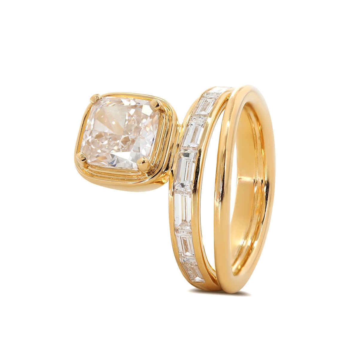 Cushion-Cut Lab Diamond Bezel-Set Ring with Baguette-Cut Lab Diamond Side Stones