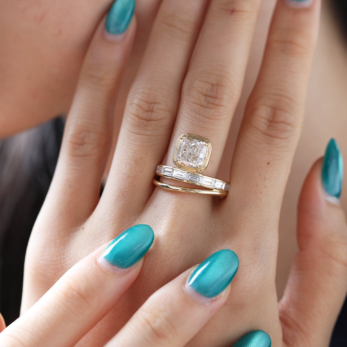 Cushion - Cut Lab Diamond Bezel - Set Ring with Baguette - Cut Lab Diamond Side Stones - FIORESE JEWELRY