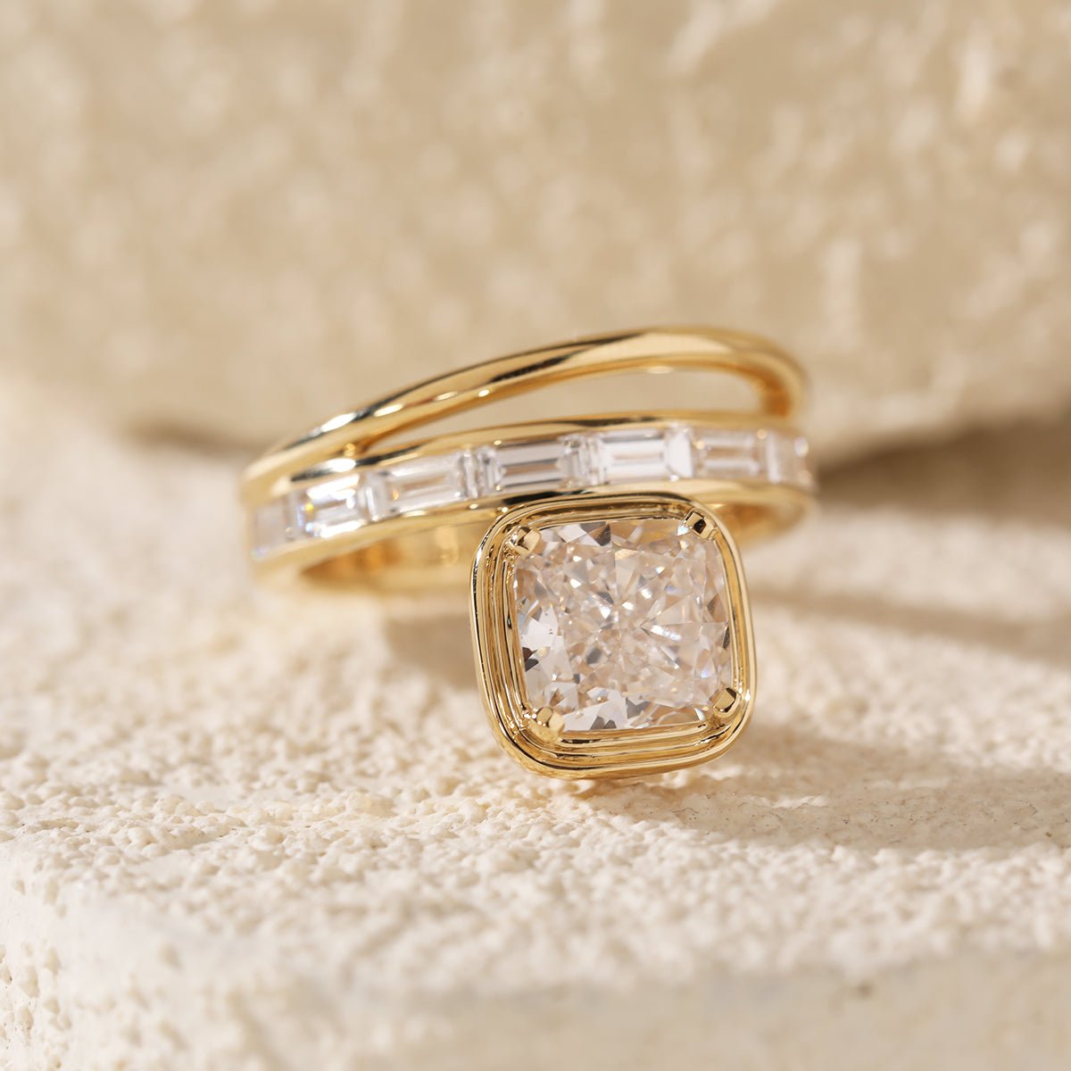 Cushion-Cut Lab Diamond Bezel-Set Ring with Baguette-Cut Lab Diamond Side Stones