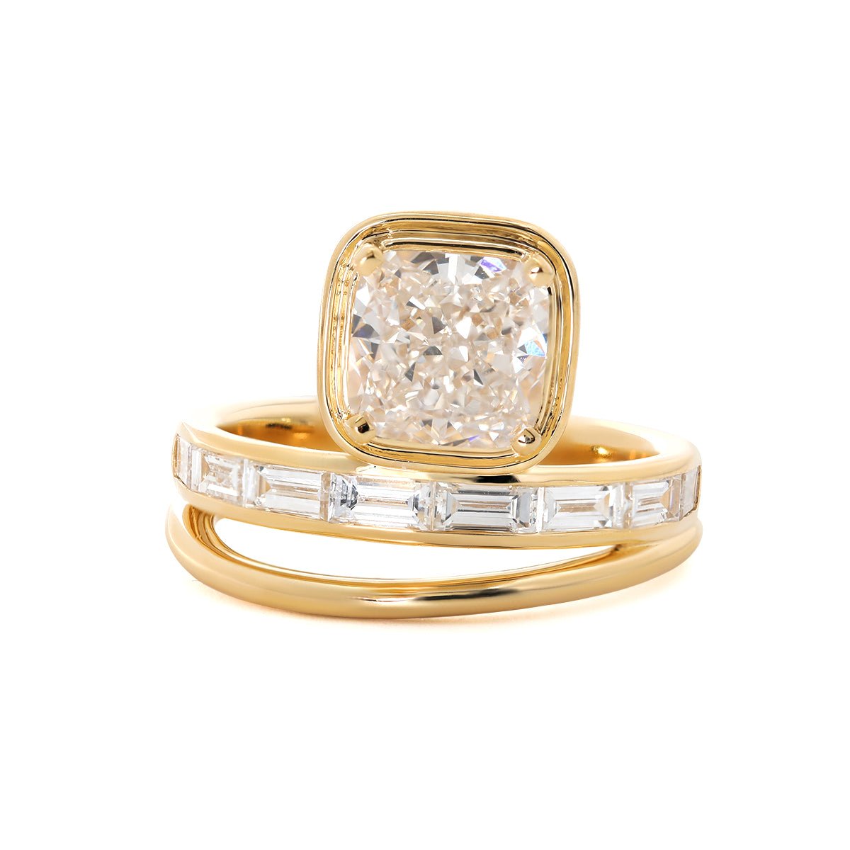 Cushion - Cut Lab Diamond Bezel - Set Ring with Baguette - Cut Lab Diamond Side Stones - FIORESE JEWELRY