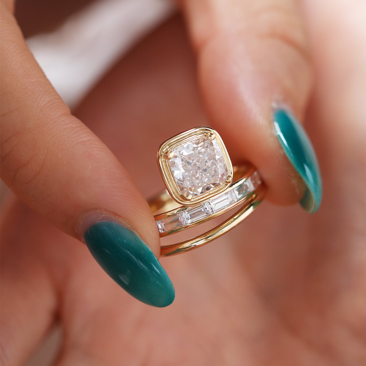 Cushion-Cut Lab Diamond Bezel-Set Ring with Baguette-Cut Lab Diamond Side Stones