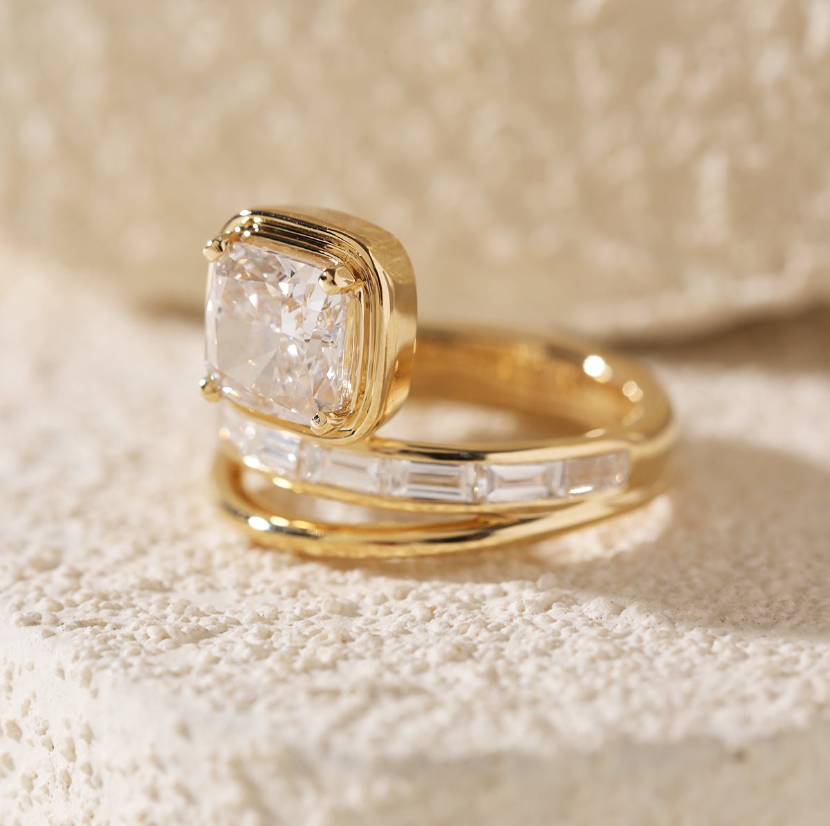 Cushion-Cut Lab Diamond Bezel-Set Ring with Baguette-Cut Lab Diamond Side Stones