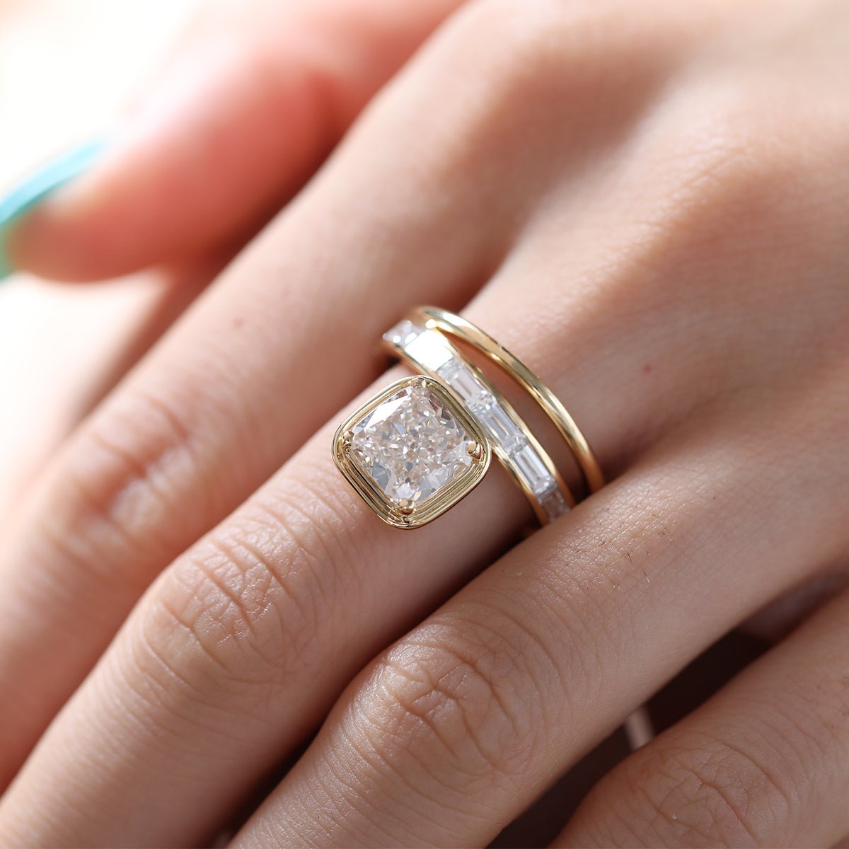 Cushion-Cut Lab Diamond Bezel-Set Ring with Baguette-Cut Lab Diamond Side Stones