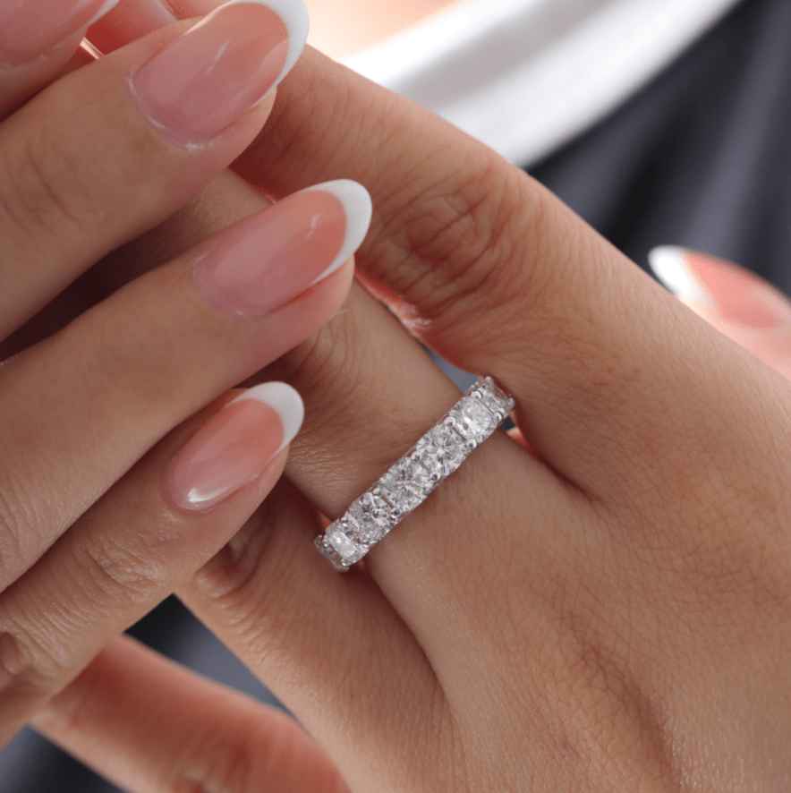 Cushion-Cut Lab Diamond Eternity Ring with Shared Round Prong and Round Pavé - FIORESE JEWELRY