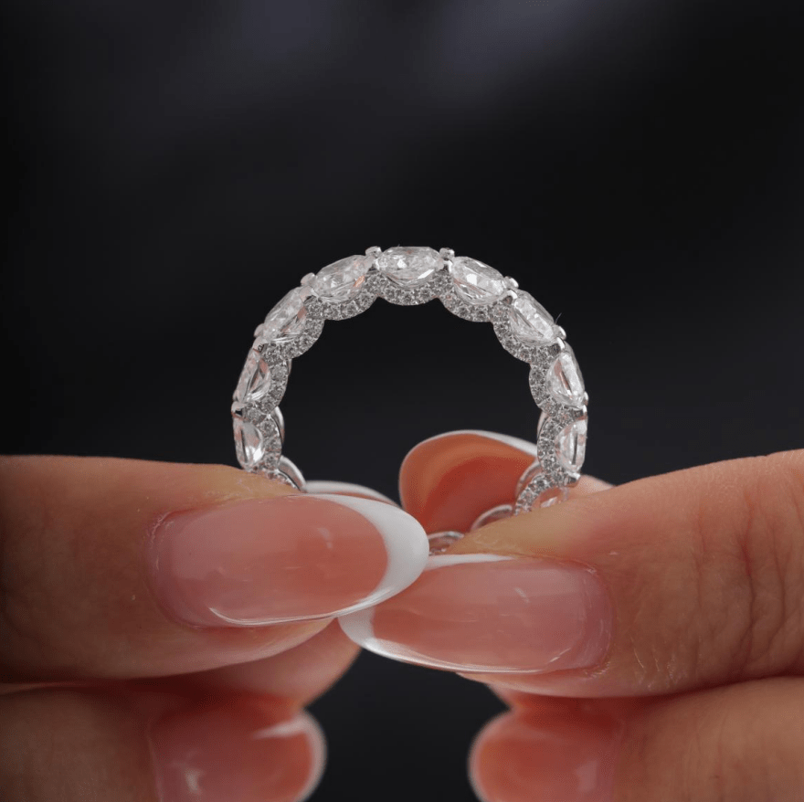 Cushion-Cut Lab Diamond Eternity Ring with Shared Round Prong and Round Pavé - FIORESE JEWELRY