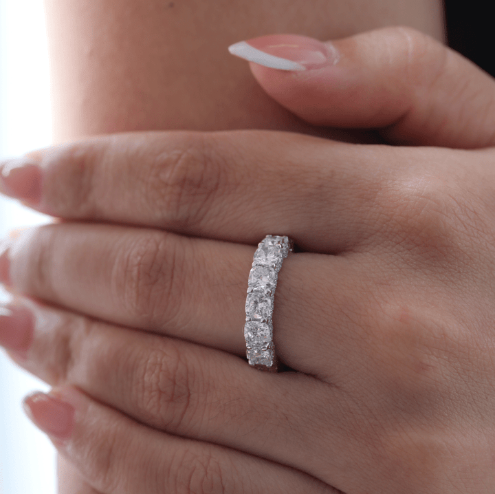 Cushion-Cut Lab Diamond Eternity Ring with Shared Round Prong and Round Pavé - FIORESE JEWELRY