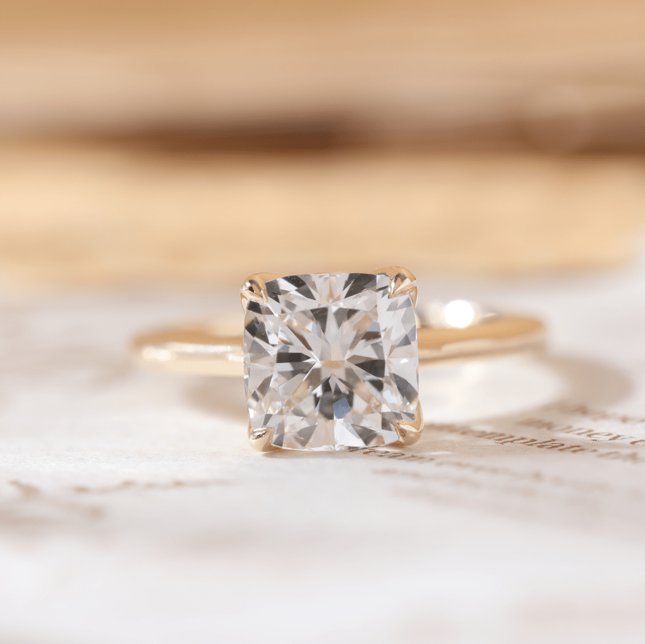Cushion-Cut Lab Diamond Solitaire Ring with Four-Prong Tulip Cathedral Setting - FIORESE JEWELRY