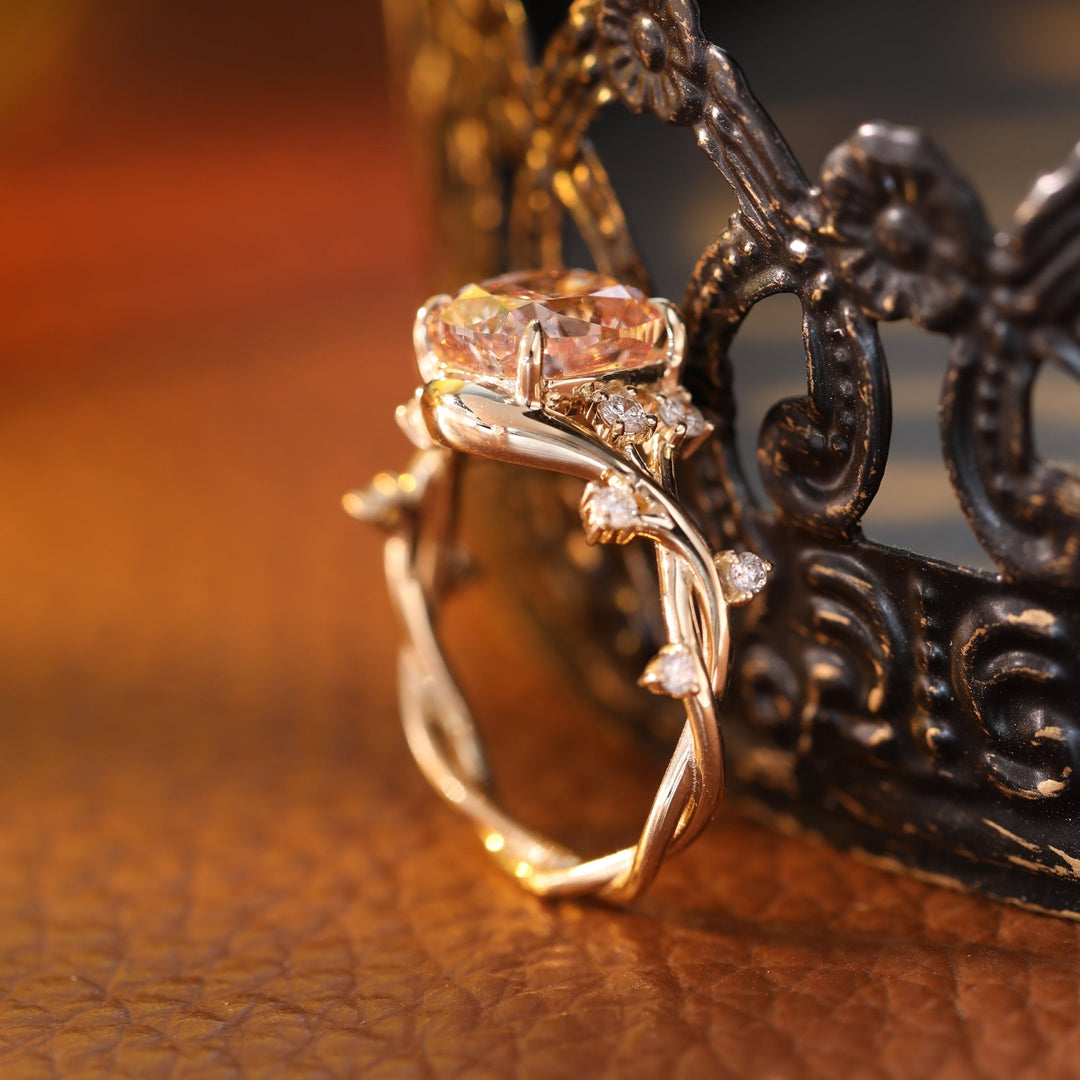 Cushion - Cut Pink Lab Diamond Ring with Leaf &amp; Vine Band - FIORESE JEWELRY