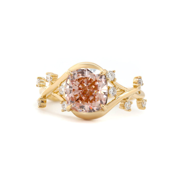Cushion - Cut Pink Lab Diamond Ring with Leaf &amp; Vine Band - FIORESE JEWELRY