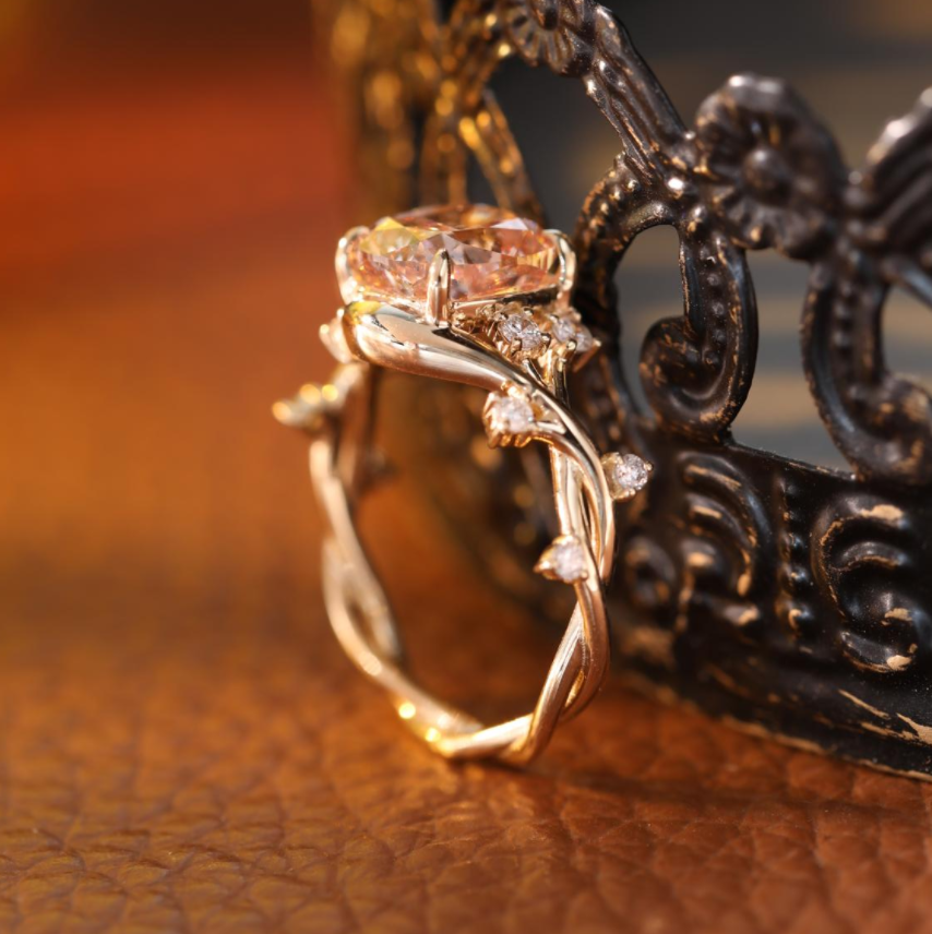 14K Yellow Gold 3ct Cushion Pink Lab Diamond Ring with Round Lab Diamond Side-stones — Art Nouveau Nature-Inspired Design