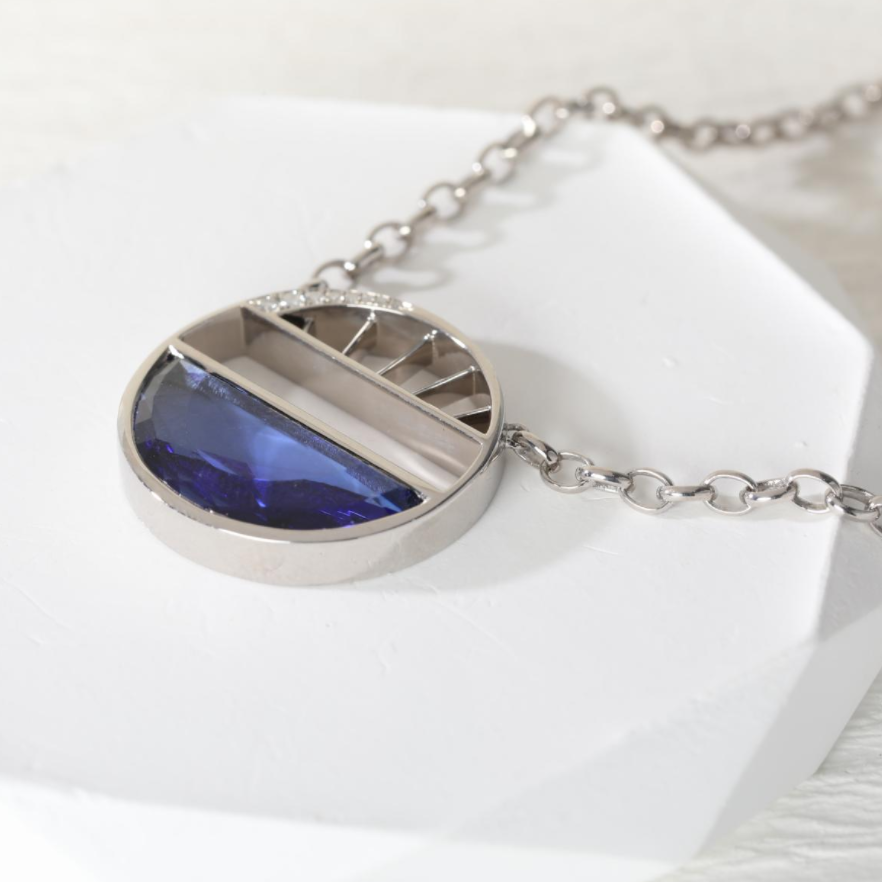 Half-moon Shape Crown Flower Blue Lab Sapphire Pendant Necklace