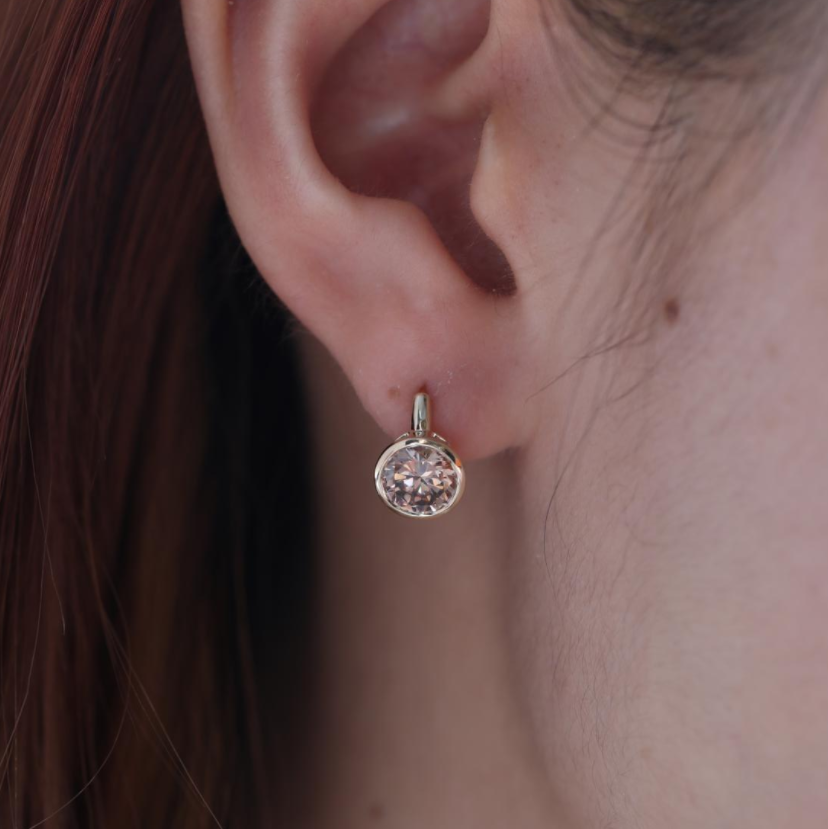 14K Yellow Gold 2 ct tw Round Brown Lab Diamond Bezel Huggie Earrings