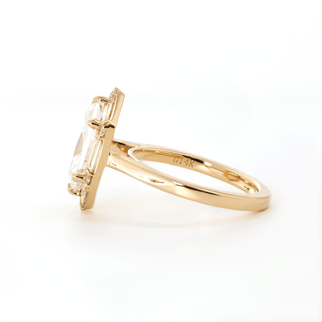 Duchess Cut Elongated Hexagonal Lab Diamond Ring with Baguette and Round Diamond Halo - FIORESE JEWELRY
