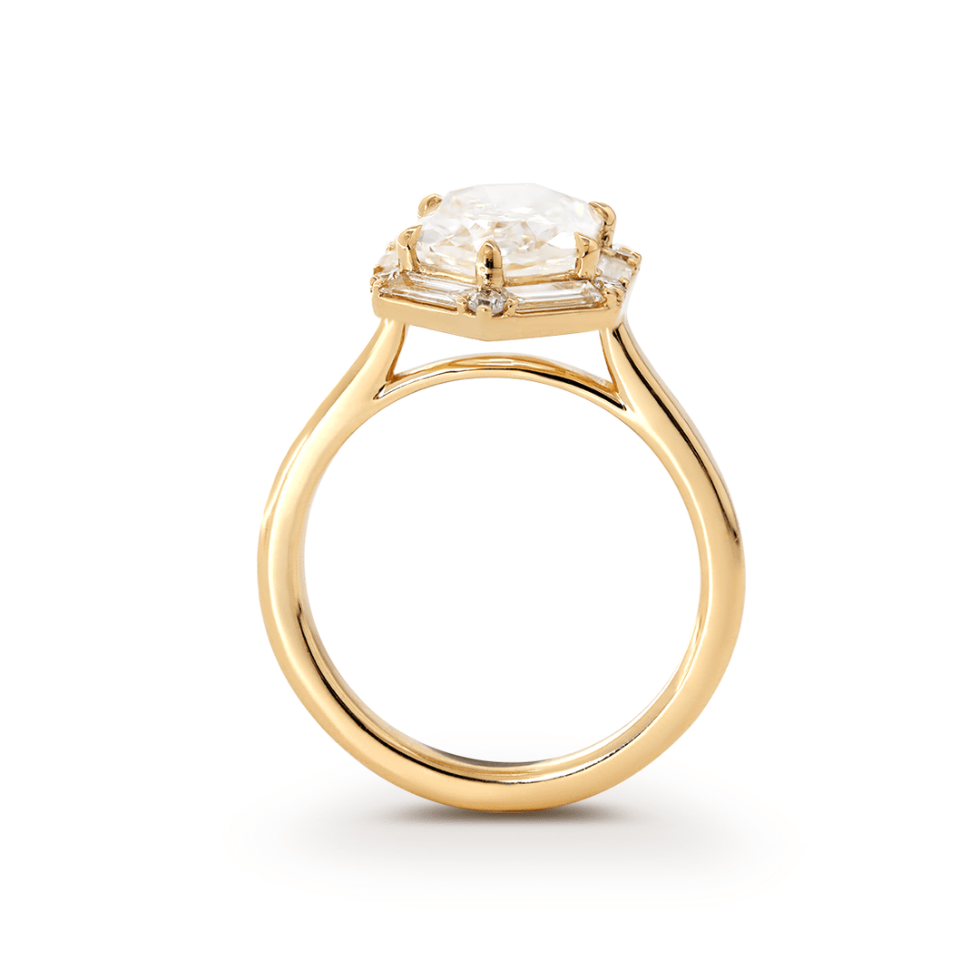 Duchess Cut Elongated Hexagonal Lab Diamond Ring with Baguette and Round Diamond Halo - FIORESE JEWELRY