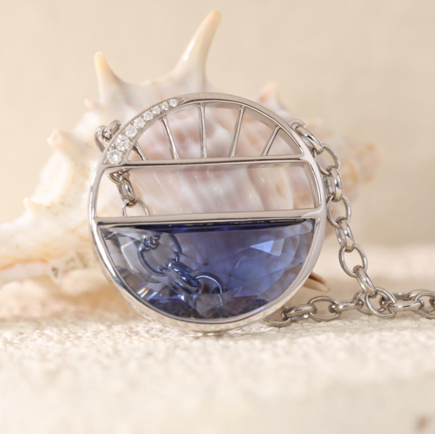 Half-moon Shape Crown Flower Blue Lab Sapphire Pendant Necklace