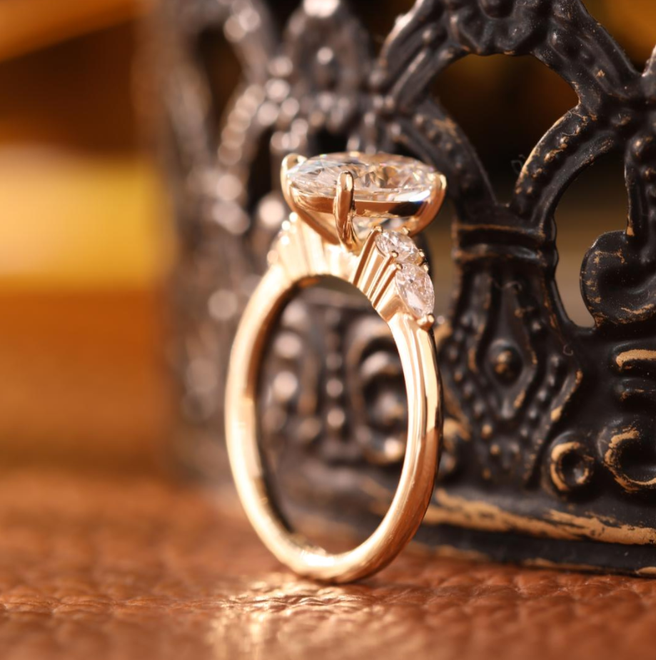 Oval Lab Diamond 4 Claw Prong Basket Ring with Round and Pear Lab Diamond Side-stones