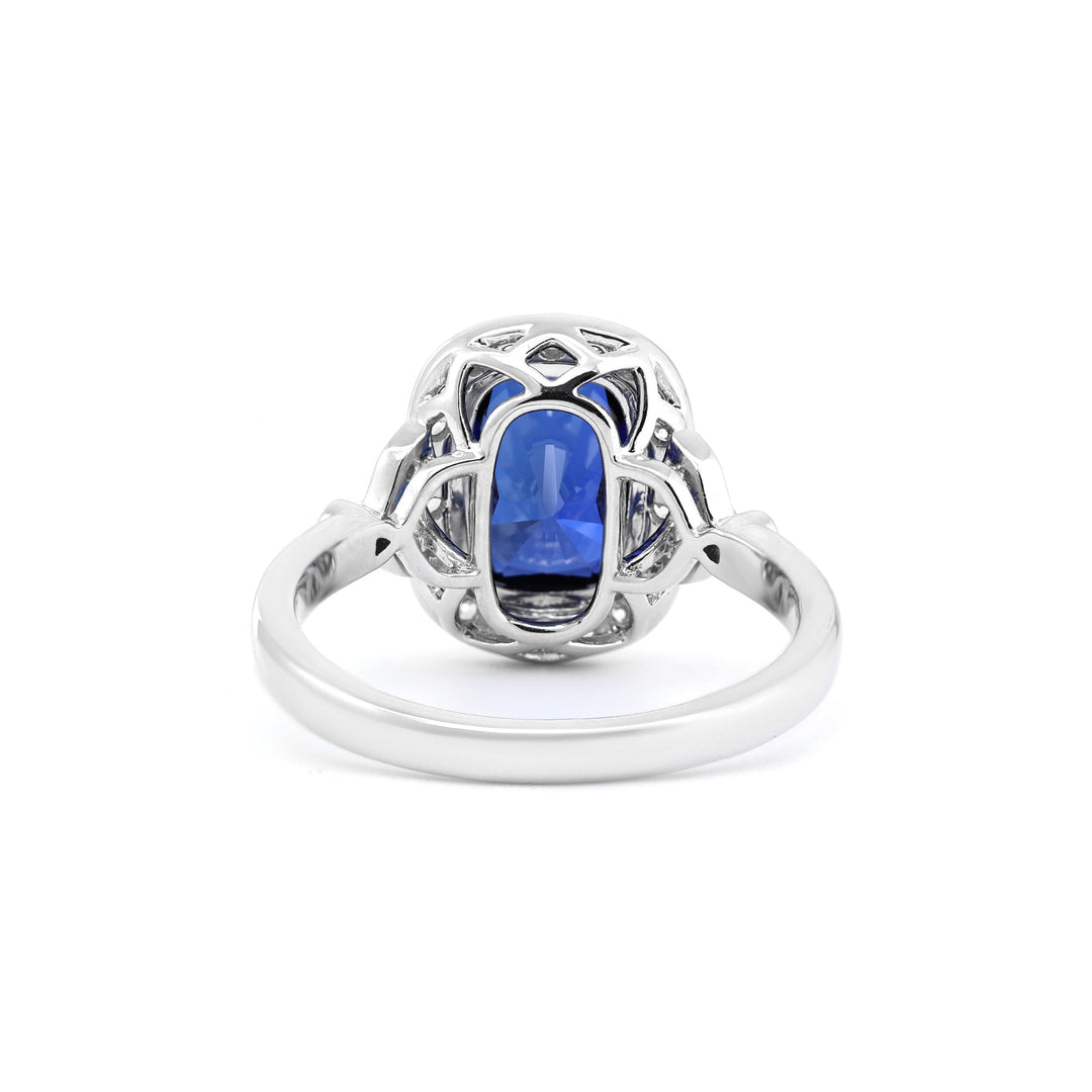 Elongated Cushion-Cut Royal Blue Lab Sapphire Halo Ring with Bezel Setting - FIORESE JEWELRY