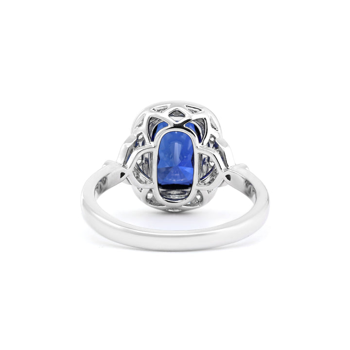 Elongated Cushion-Cut Royal Blue Lab Sapphire Halo Ring with Bezel Setting - FIORESE JEWELRY