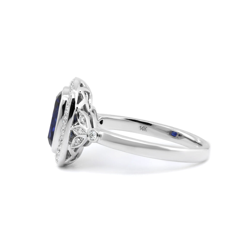 Elongated Cushion-Cut Royal Blue Lab Sapphire Halo Ring with Bezel Setting - FIORESE JEWELRY