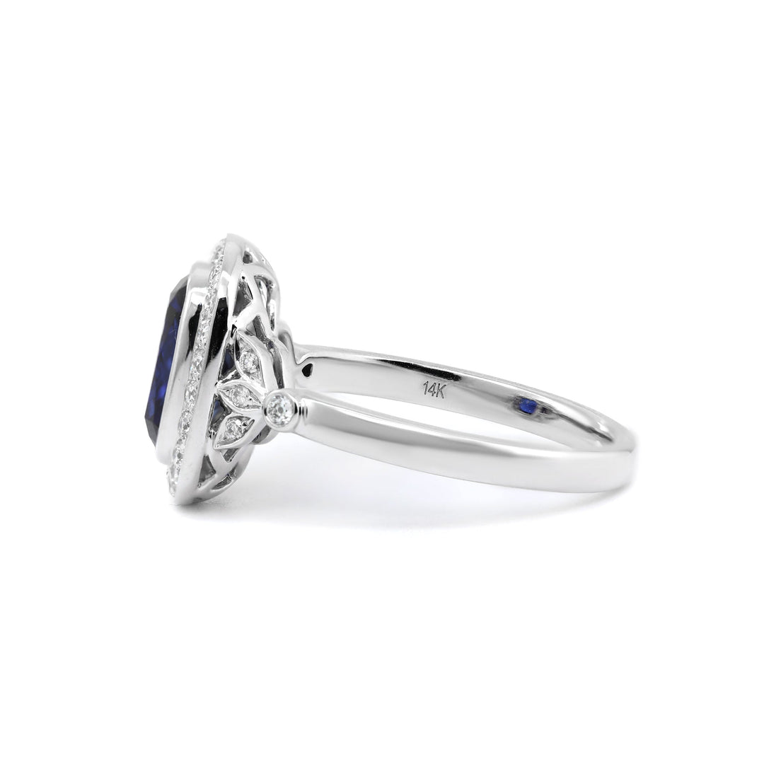Elongated Cushion-Cut Royal Blue Lab Sapphire Halo Ring with Bezel Setting - FIORESE JEWELRY