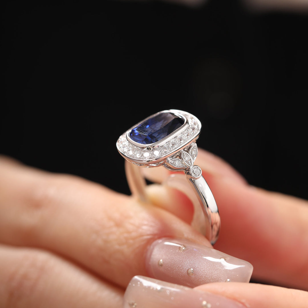 Elongated Cushion-Cut Royal Blue Lab Sapphire Halo Ring with Bezel Setting - FIORESE JEWELRY