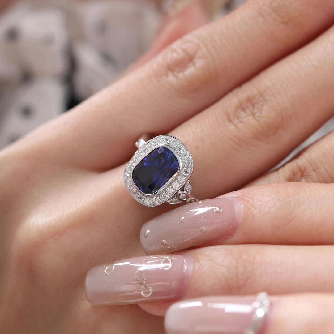 Elongated Cushion-Cut Royal Blue Lab Sapphire Halo Ring with Bezel Setting - FIORESE JEWELRY