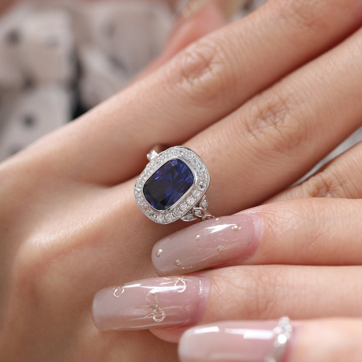 Elongated Cushion-Cut Royal Blue Lab Sapphire Halo Ring with Bezel Setting - FIORESE JEWELRY