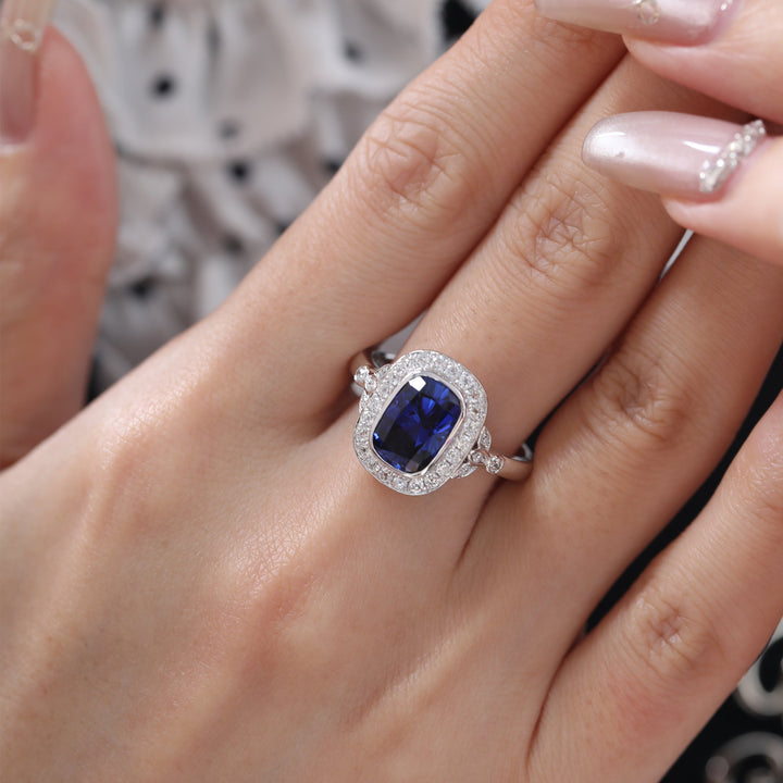 Elongated Cushion-Cut Royal Blue Lab Sapphire Halo Ring with Bezel Setting - FIORESE JEWELRY