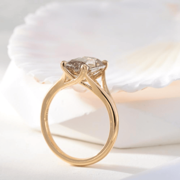 Elongated Old Mine-Cut Brown Lab Diamond Solitaire Ring with Nature-Inspired Split Band - FIORESE JEWELRY