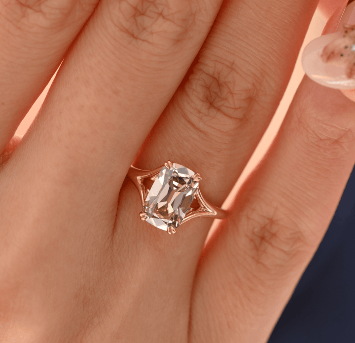 Elongated Old Mine-Cut Brown Lab Diamond Solitaire Ring with Nature-Inspired Split Band - FIORESE JEWELRY
