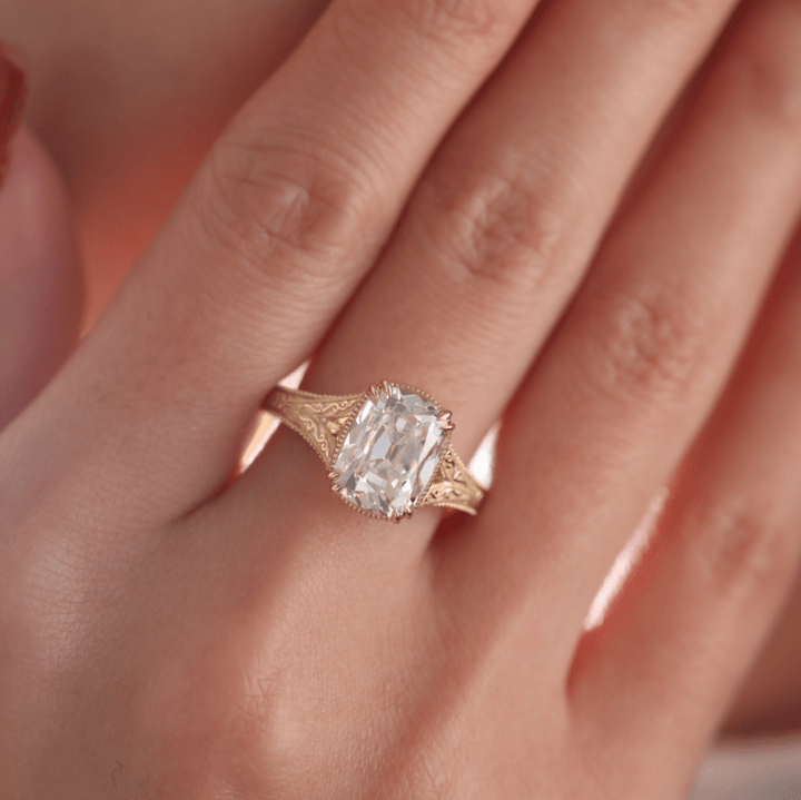Elongated Old Mine-Cut Lab Diamond Antique-Inspired Ring - FIORESE JEWELRY