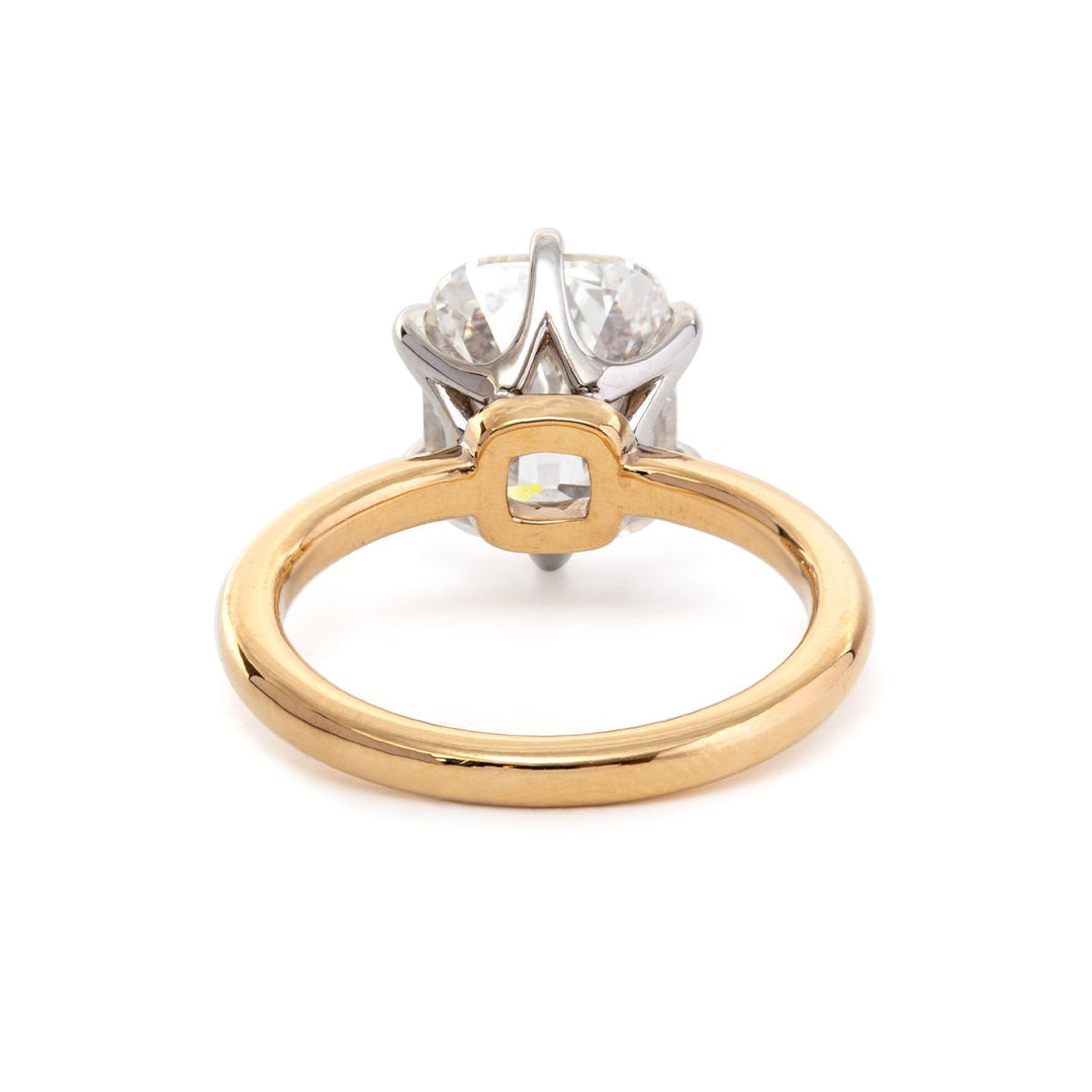 Elongated Old Mine - Cut Lab Diamond Floral Basket Solitaire Ring with Yellow Gold Band and White Gold Head - FIORESE JEWELRY