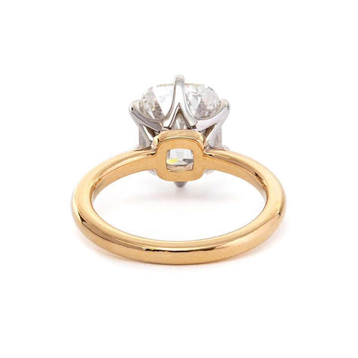 Elongated Old Mine - Cut Lab Diamond Floral Basket Solitaire Ring with Yellow Gold Band and White Gold Head - FIORESE JEWELRY