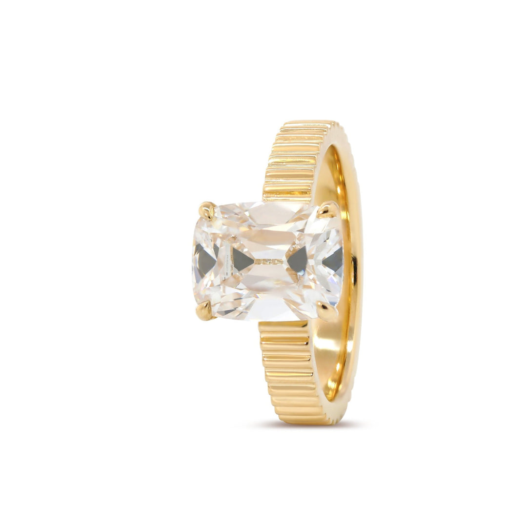 Elongated Old Mine - Cut Lab Diamond Ring with Four - Claw Basket Setting and Round Lab Diamond Hidden Halo - FIORESE JEWELRY