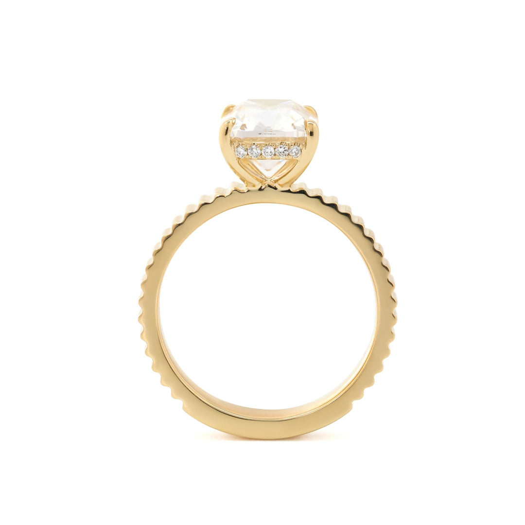 Elongated Old Mine - Cut Lab Diamond Ring with Four - Claw Basket Setting and Round Lab Diamond Hidden Halo - FIORESE JEWELRY