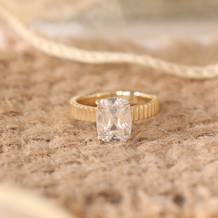 Elongated Old Mine - Cut Lab Diamond Ring with Four - Claw Basket Setting and Round Lab Diamond Hidden Halo - FIORESE JEWELRY