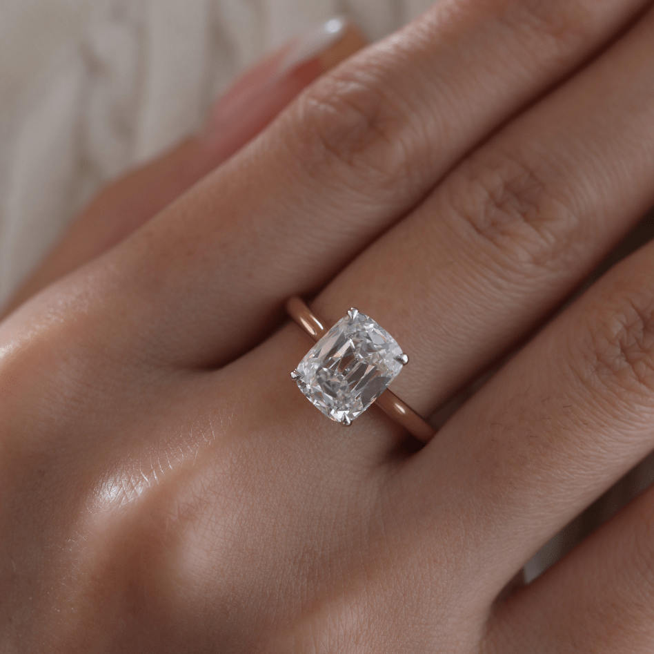 Elongated Old Mine-Cut Lab Diamond Solitaire Ring with Cathedral Setting - FIORESE JEWELRY
