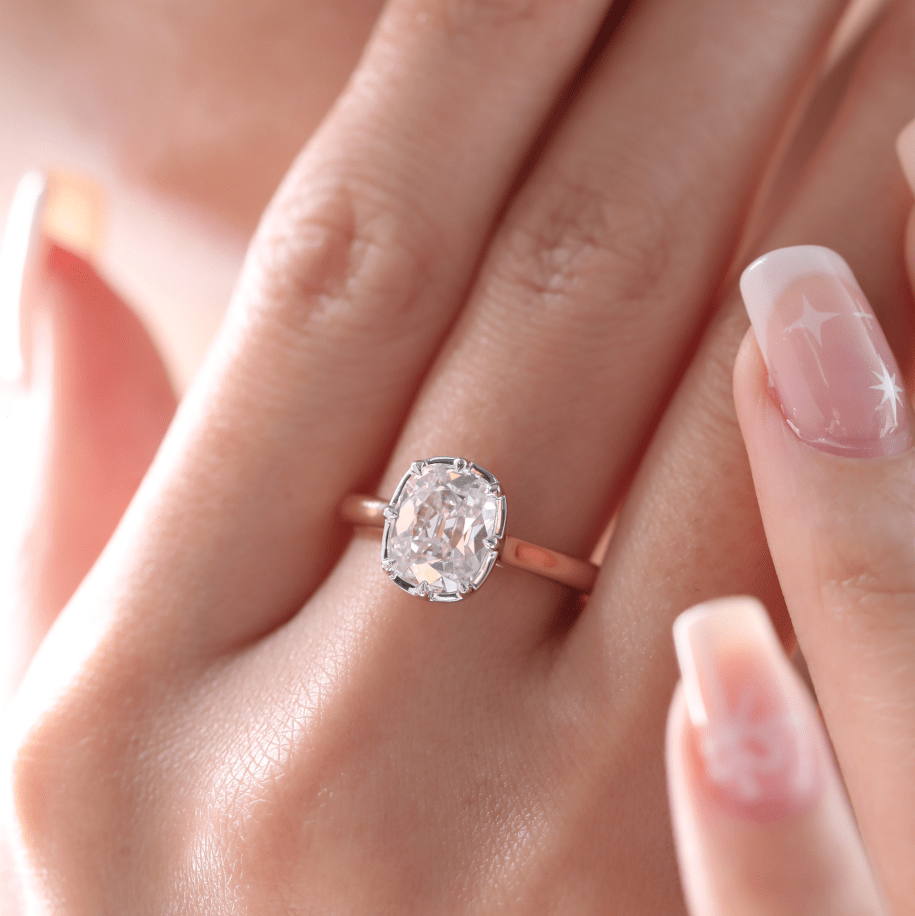 Elongated Old Mine-Cut Lab Diamond Solitaire Ring with Floating Head - FIORESE JEWELRY