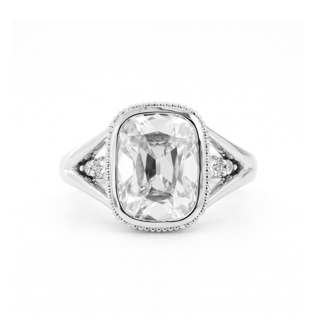 Elongated OMC Diamond Bezel Ring with Round & Marquise-Cut Side Stones and Millegrain - FIORESE JEWELRY